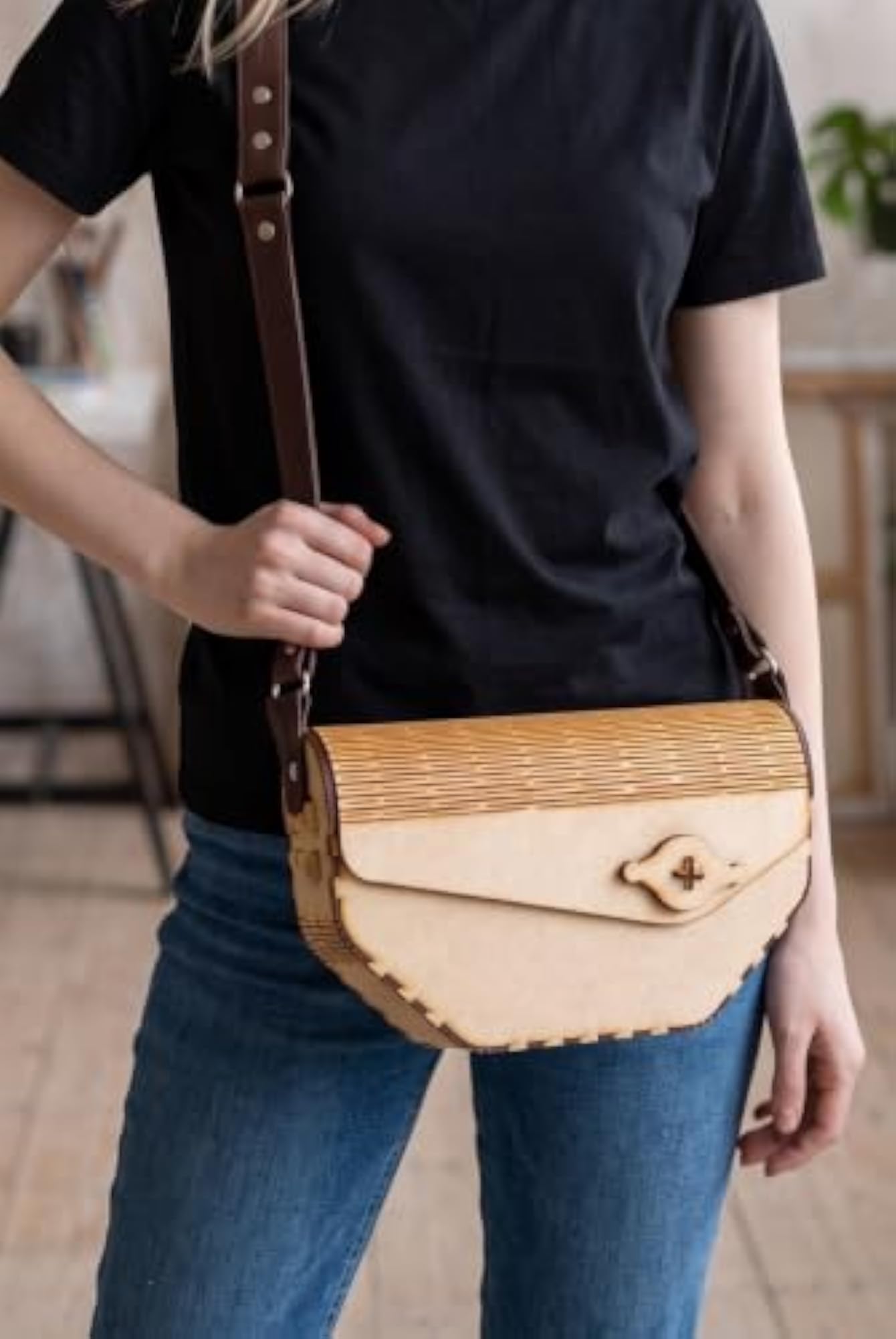 Handcrafted Vintage Wooden Messenger Sling Bag with Adjustable Strap